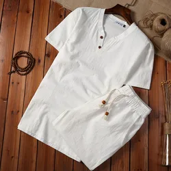 (Shirt + shorts) 2024 summer men shirt Man Cotton and linen shirts Short sleeve men's fashion casual shirts men size M to 5XL