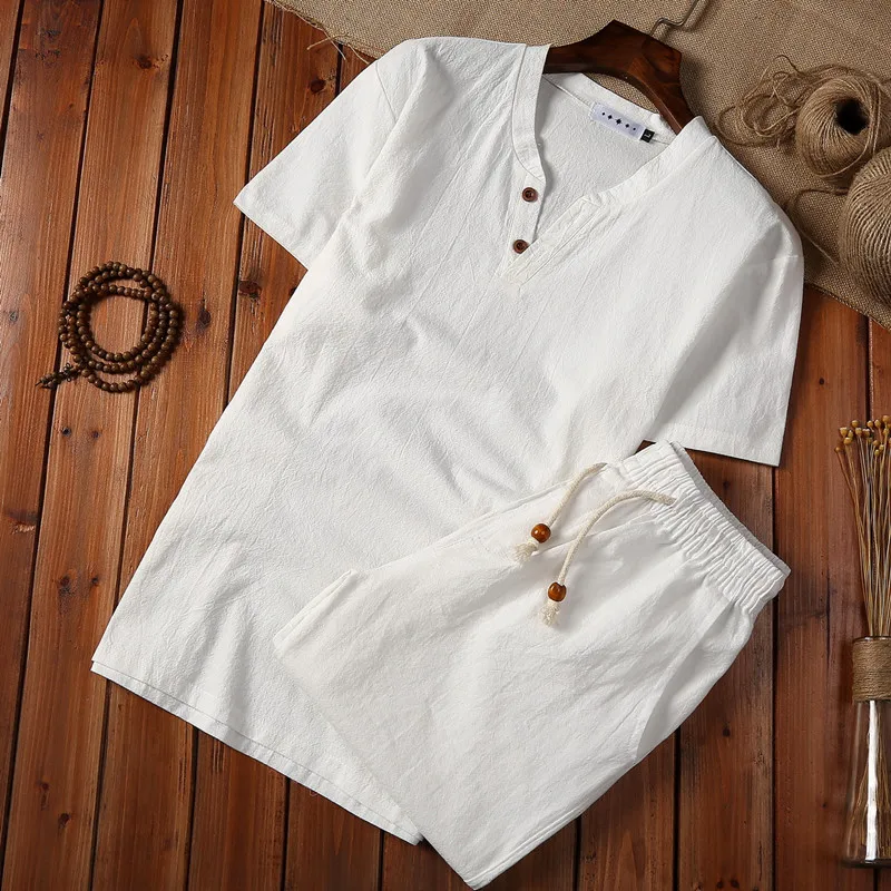 (Shirt + shorts) 2021 summer fashion men shirt Cotton and linen shirts Short sleeve men's casual shirts men 2 pieces size M to 5