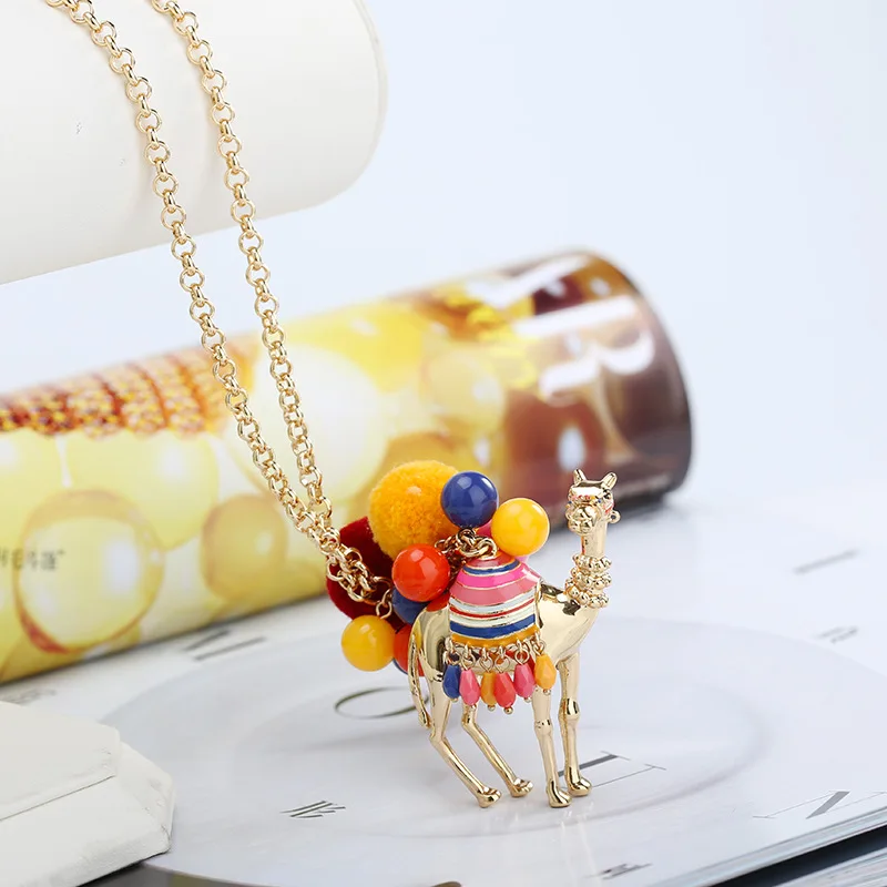 handmade desert camel enamel glaze colorful poms animal necklace sweater chain long necklace big pendant