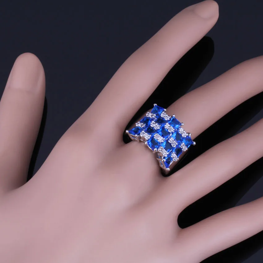 Superb Square Blue Cubic Zirconia White CZ Silver Plated Ring V0579