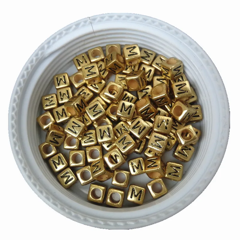 

Newest 2600PCS 6*6MM Square Single Letter M Beads Black M Printing Cube Gold Tone Acrylic Alphabet Knit Name Bracelet Beads