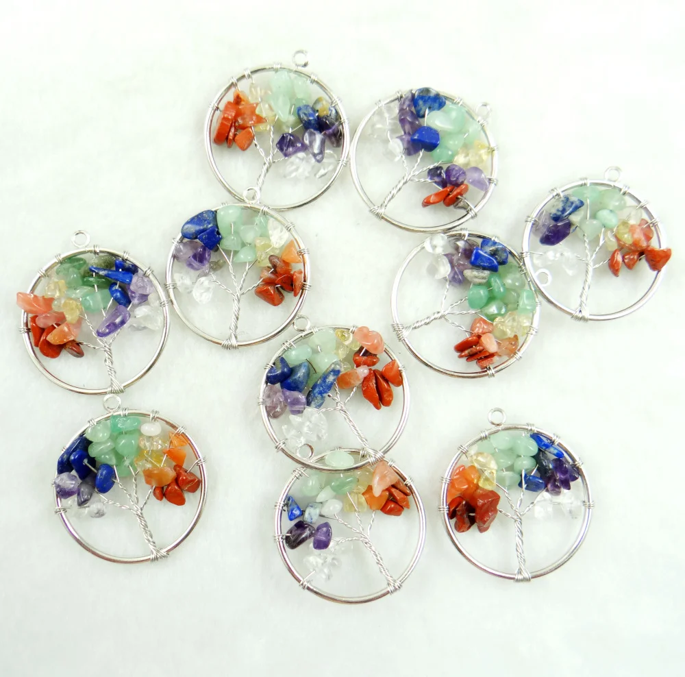 30mm Natural Gem Stone Quartz Crystal 7 Chakras Tiger Eye Tree of Life Pendant For Diy Jewelry Making Necklace Accessories 10pcs