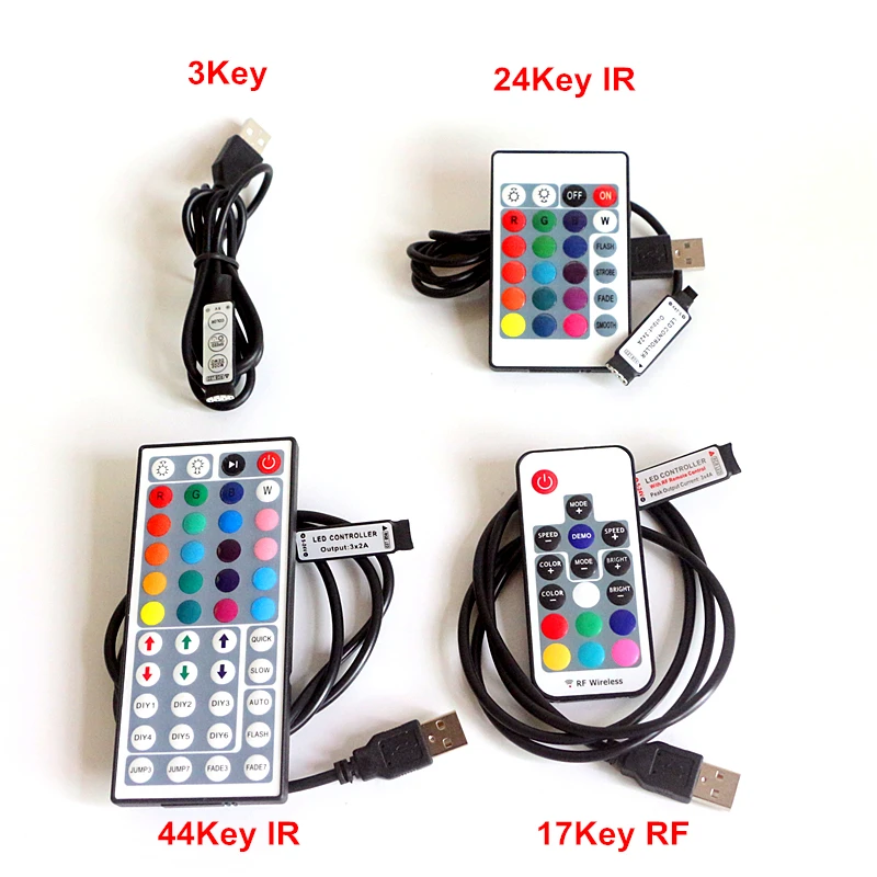 DC 5V 12V 24V 12A USB RGB LED Controller 3Key / 24Key IR / 44Key IR / 17Key RF Remote RGB Dimmer For 5V USB RGB LED Strip light