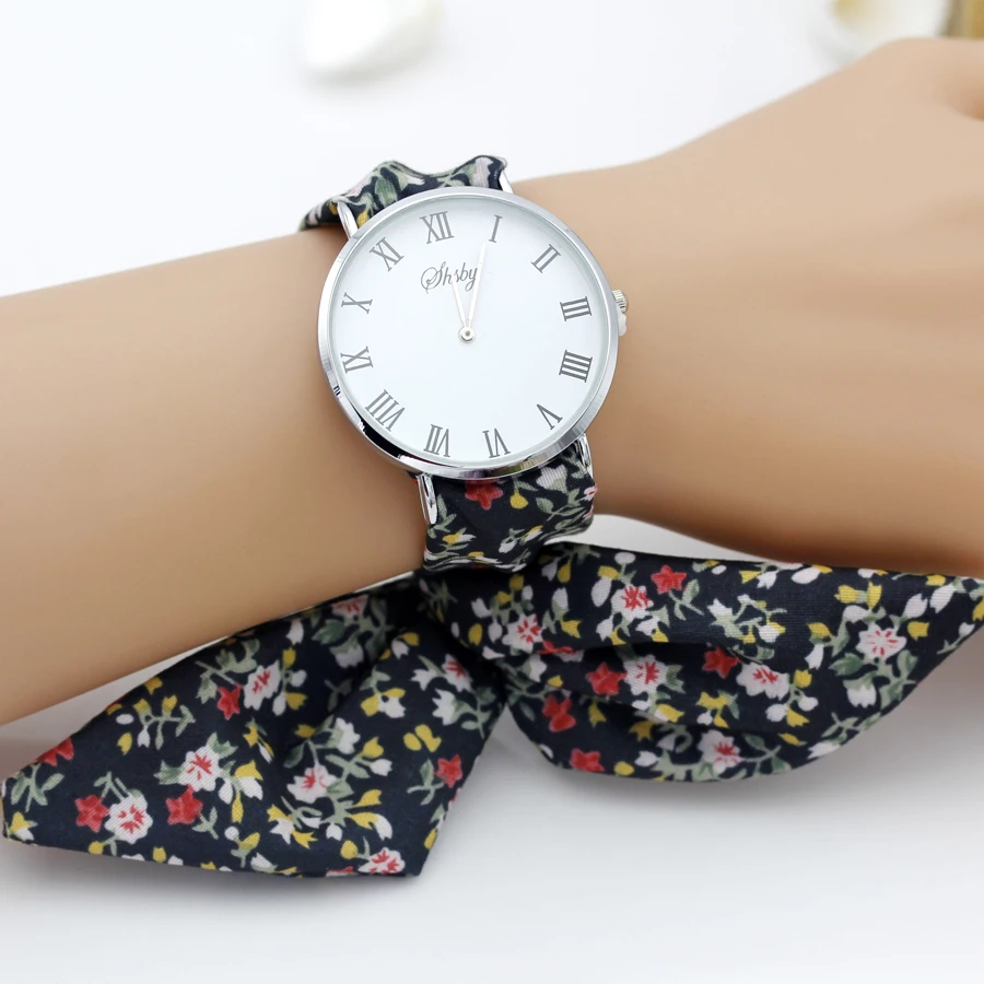 Shsby reloj de pulsera de tela de flores para mujer, reloj de vestir de plata romana, reloj de tela de alta calidad, reloj de pulsera para niñas