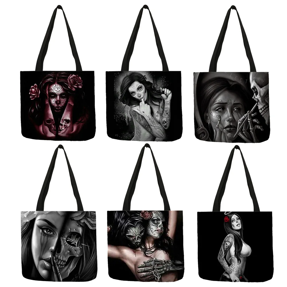 Casual Handbag in Woman Totes Skull Art Tatoo Horror Image Linen Daily Life Work Travel Portable Shoulder Bag All Seasons