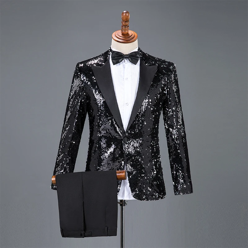 2 Piece Set Gold Black Sequins Blazers Pants Men Suits Nightclub Bar Male Singer Host Concert Suit Stage Outfit Chorus Costumes