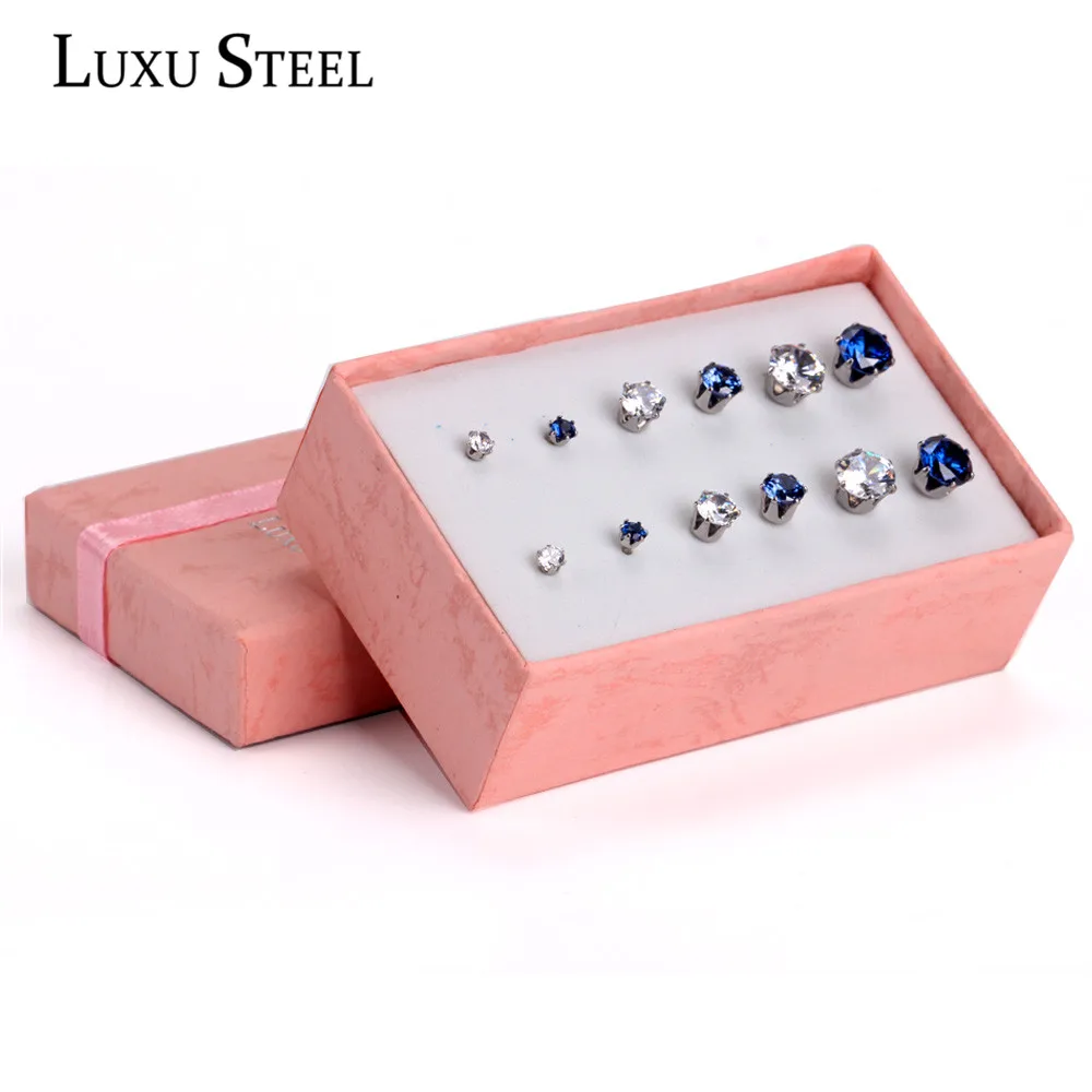 LUXUSTEEL Mixed Color Size 3mm/5mm/7mm Round/Geometry Cubic Zirconia Stud Earrings Stainless Steel 6pair/Boxes Earring Sets