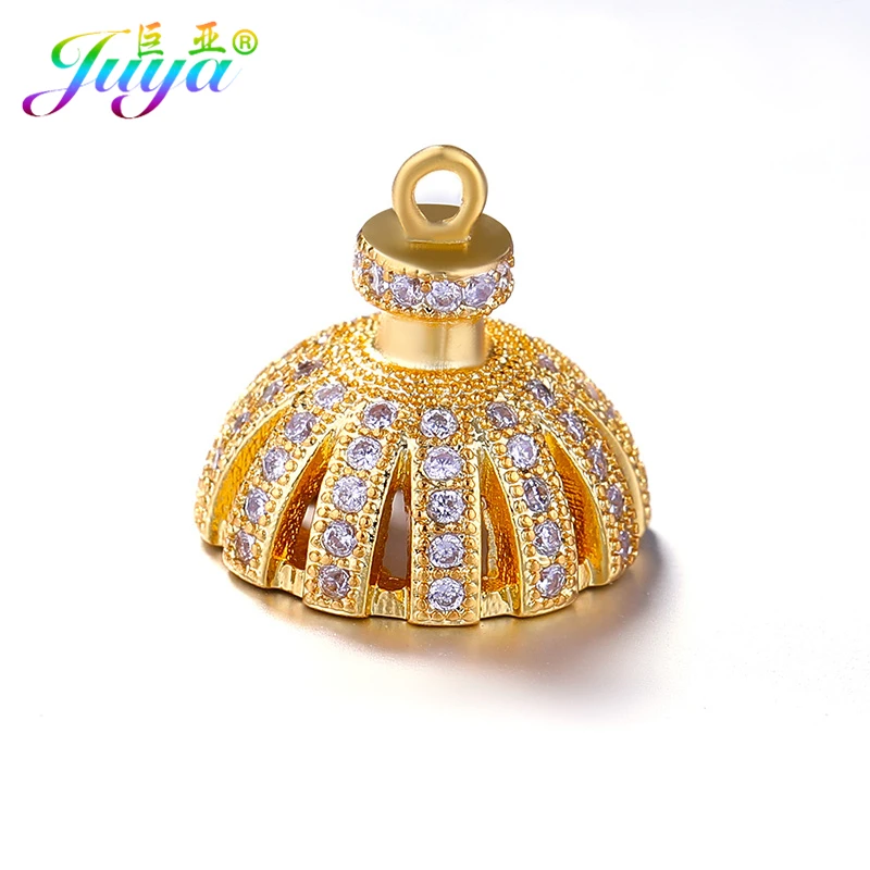 Juya 18K Gold Plated Copper Docorations Connector Crown Charm Caps Accessories For DIY Needlework Pearls Tassels Jewelry Making