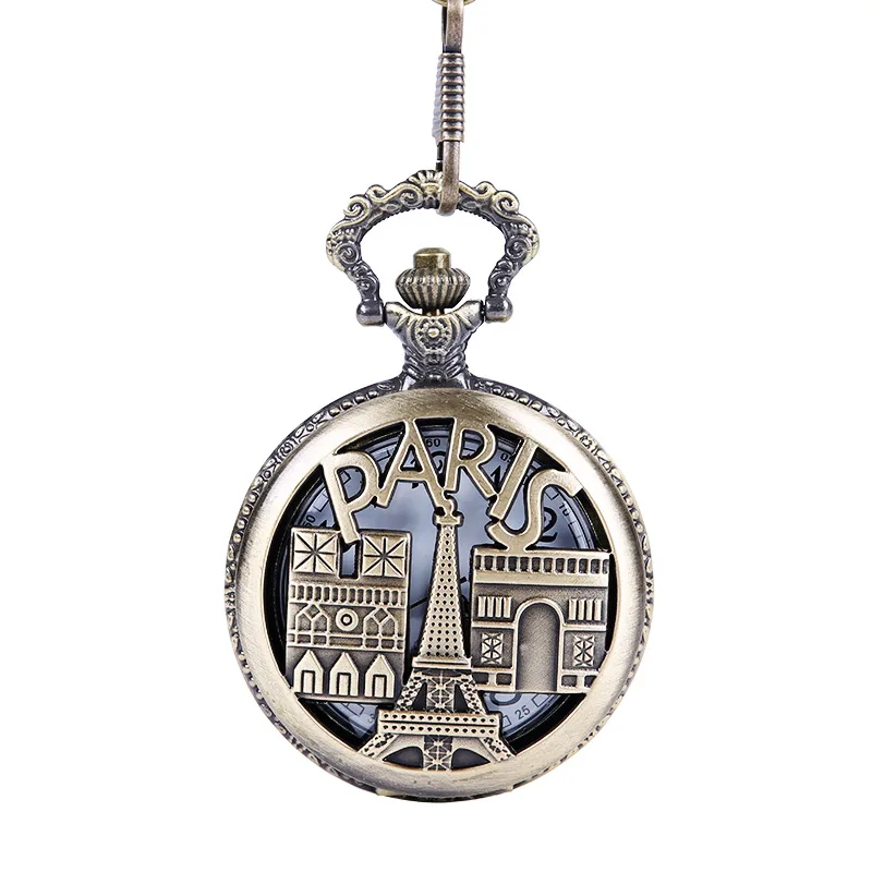 

Hot West Watch Hollow Eiffel Tower Castle Pocket Watch Vintage Bronze Design Floral Engraved Back Case Pendant