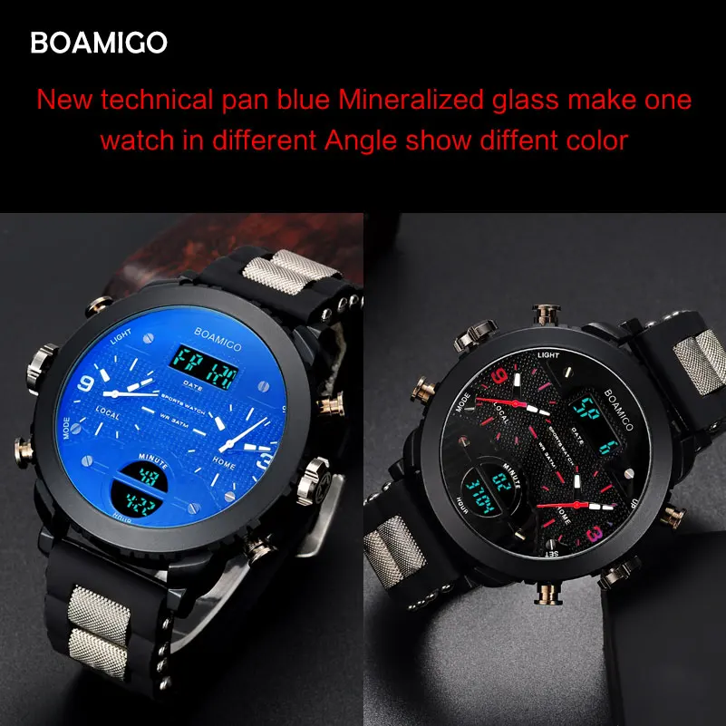 men sports watches BOAMIGO brand men watches 3 time zone rubber LED digital watch military quartz wristwatches gift box F905