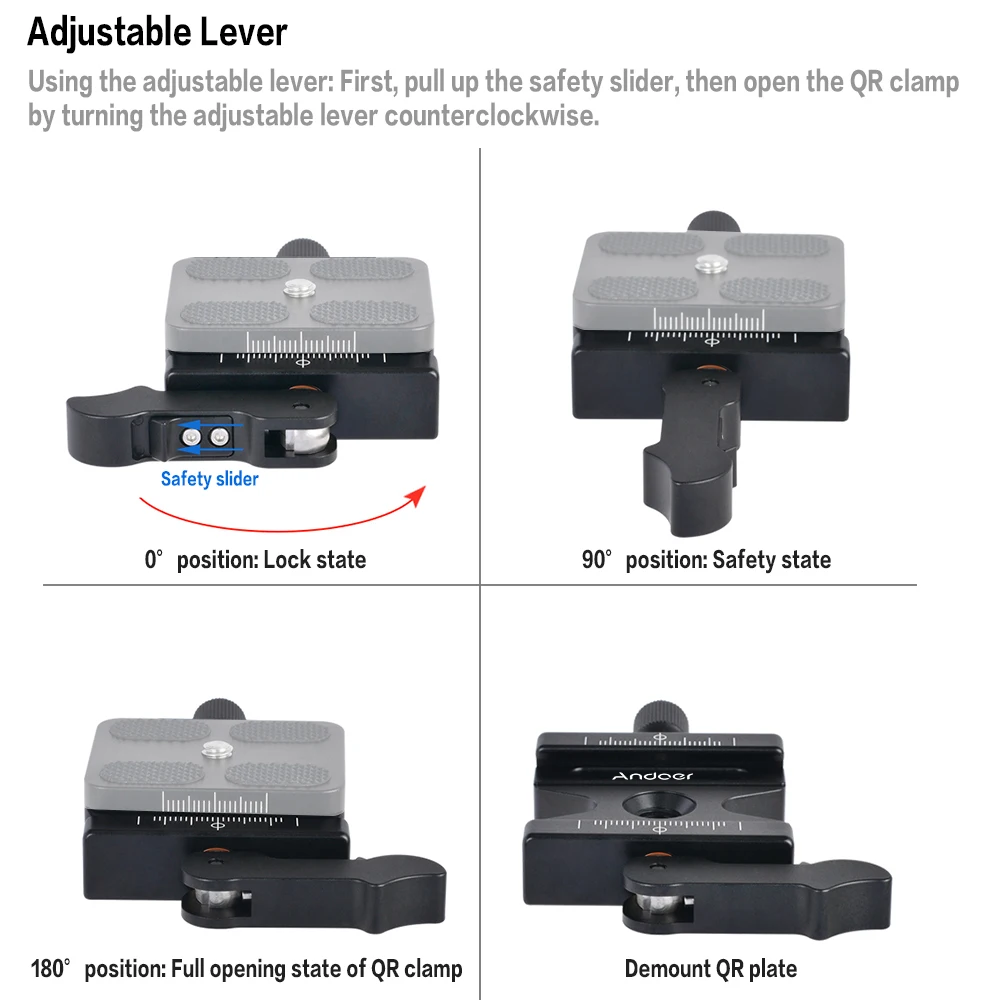 US Andoer CL-50LS Quick Release Clamp Aluminum Alloy w/Adjustable Lever Knob-Type Compatible for Arca Swiss Standard Ball Head