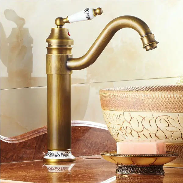 Antique Basin Faucet Brass Finished Hot&Cold Mixer Taps Deck Mounted with blue and white porcelain AF1005