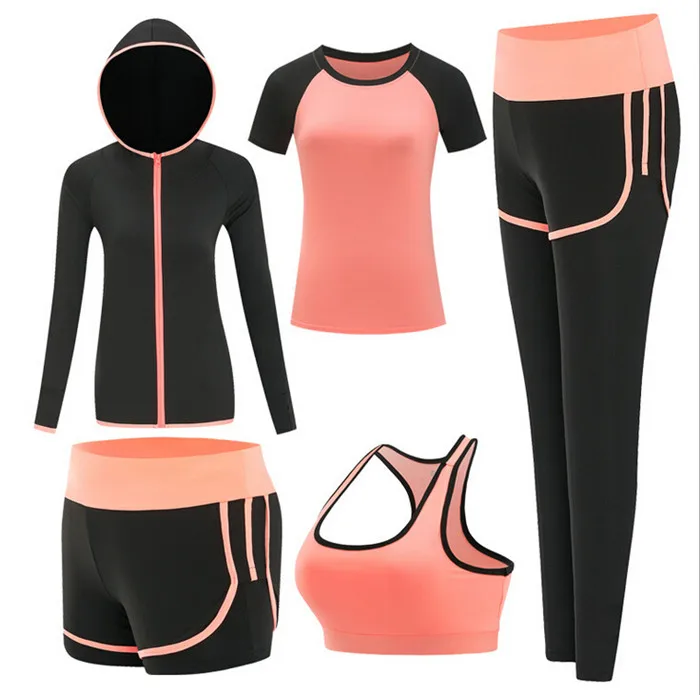 Hot sale women quick dry yoga sets yoga jacket+t shirt+bra+shorts+pants fitness gym clothing womens sports running soft sets