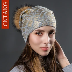 CNTANG-gorros de lana de punto bronceados para mujer, gorros cálidos de doble capa con pompón, gorro de piel Real, 2024