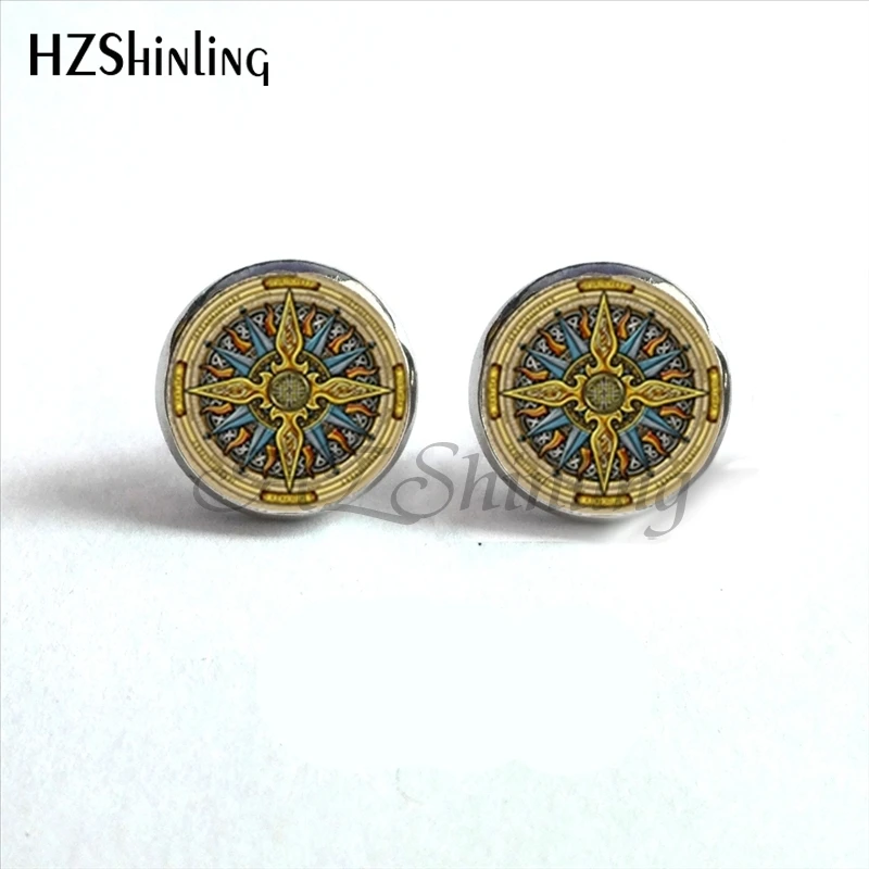NES-0093   Vintage Compass Earrings Compass Ear Nail Nautical Earring Old World Sailing Glass Dome Earrings HZ4