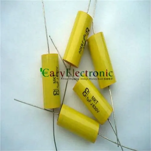 Wholesale 50pcs long leads yellow Axial Polyester Film Capacitors electronics 1.0uF 630V fr tube amp audio free shipping