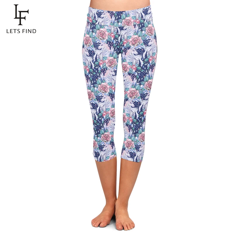 High Quality Unicorn and Crystal Flowers Printing Capri Leggings High Waisted Lady's Fitness Leggings Mid-Calf 3/4 Summer New