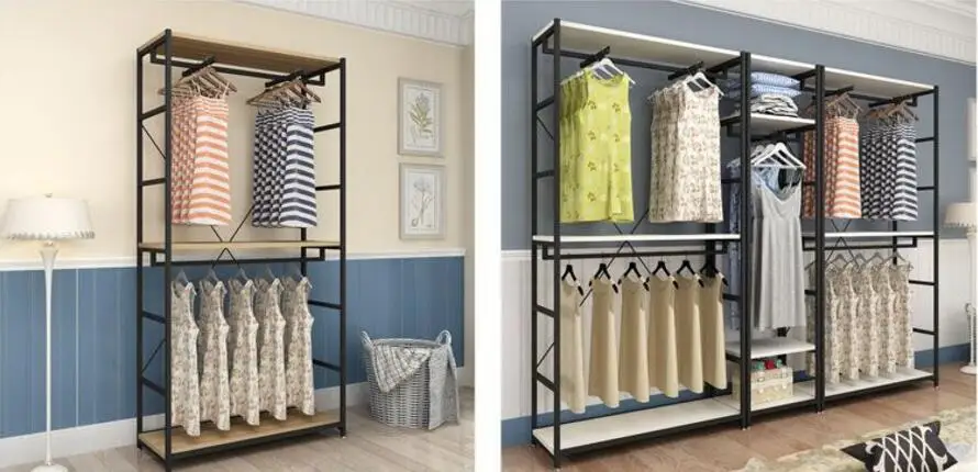 Clothing stores display shelves, floor double-deck hangers for men and women, high cabinet side hangers for clothes