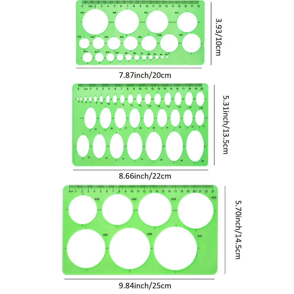 3 Pcs Green Plastic Circle and Oval Templates Measuring Templates Rulers Digital Drawing for Office and School Building Formwork