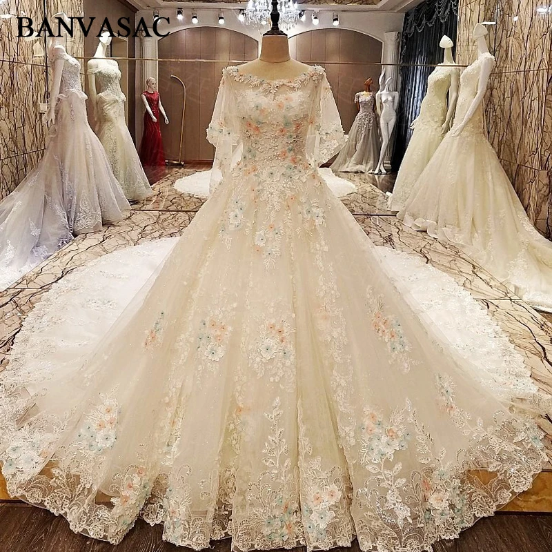 BANVASAC Plus Size Real Photos Beadings Ball Gown Wedding Dresses Long Sleeve Lace Flowers Cathedral Train Bridal Dresses