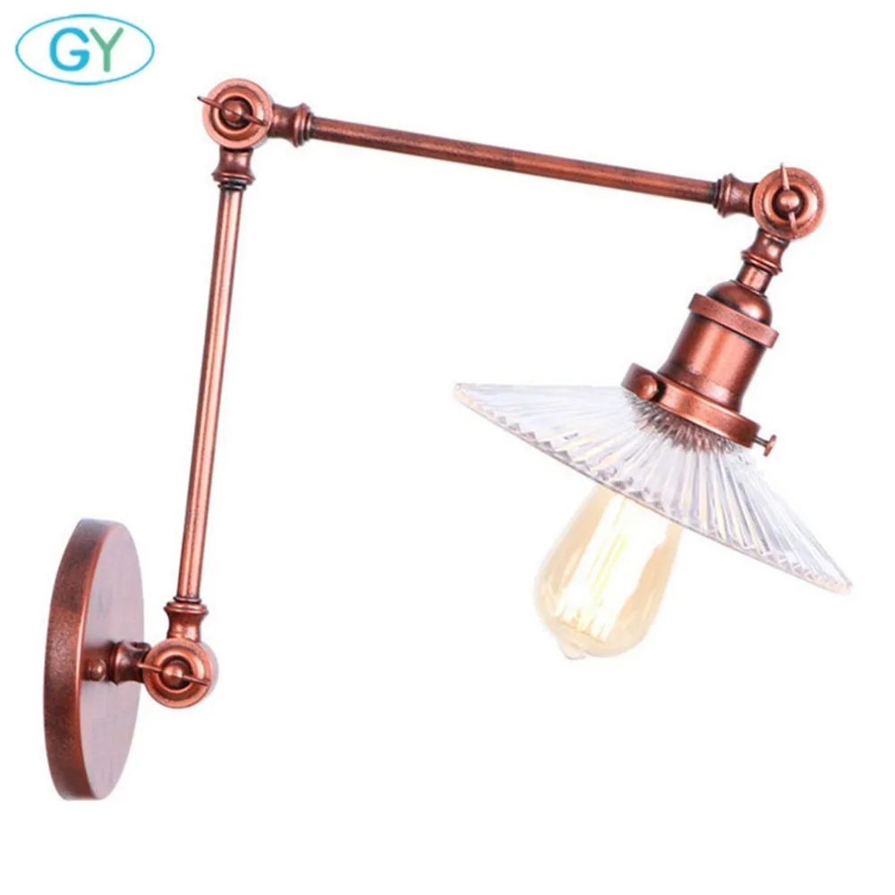 Brass Wall Sconce Light Hardwired Wall Lamp 2 Swing Arm E27 Base Brushed Bronze Industrial Glass Shade Wall Lighting Fixture