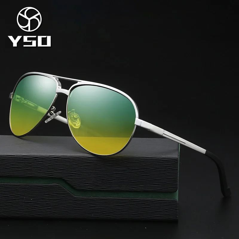 YSO Sunglasses Men Polarized UV400 Aluminium Magnesium Frame HD Lens Night Vision Driving Glasses Pilot Accessories For Men 8548