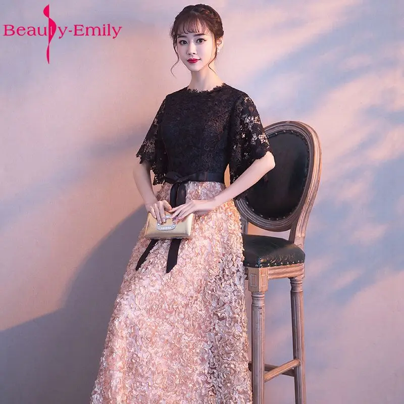 Beauty Emily-Vestidos de Noche largos de encaje negro, ropa Formal para fiestas, ocasiones de graduación, línea A, Media manga, 2019