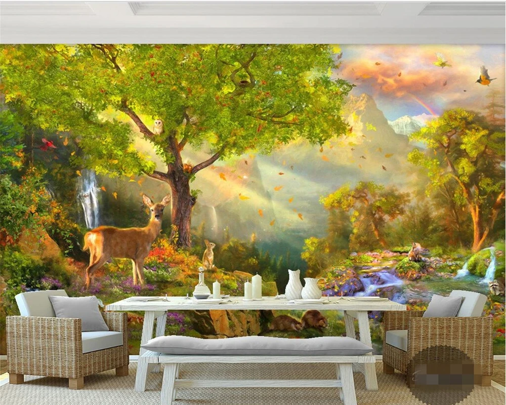 Beibehang wallpaper for walls 3 d Sunshine green forest forest deer river water landscape wallpaper 3D living room 3d wallpaper