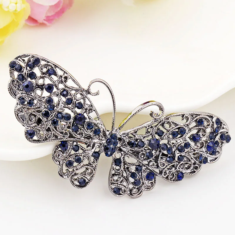 EASYA 2022 Women Girls Retro Butterfly Hair Jewelry Vintage Blue Crystal Barrettes Clips For Hairdressing