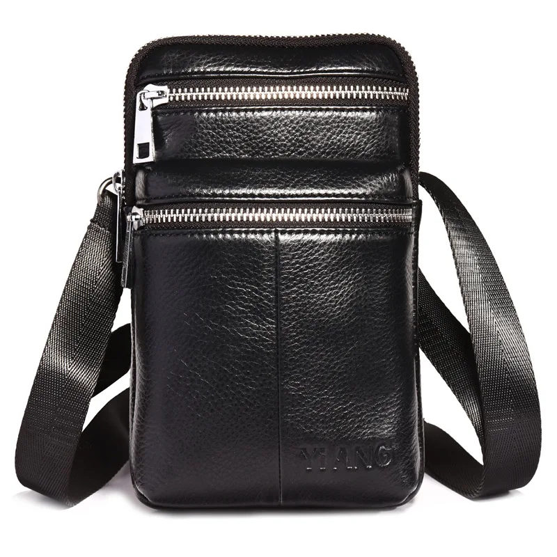 Men Business Small Shoulder Messenger Bags Purse Cross Body Belt Pack Fanny Hip Genuine Leather 7'' Cell Phone Case Waist Bag