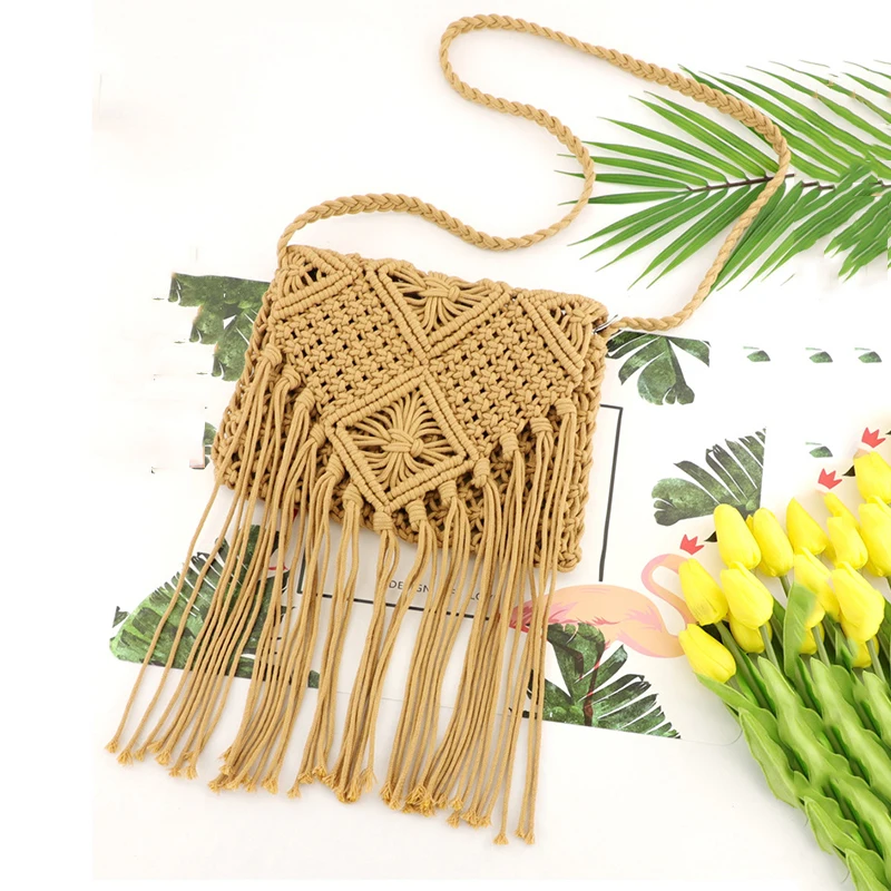 Neue Strohs ack böhmische Quaste Strand tasche Frauen häkeln Fransen Cross body ultraleichte Umhängetasche Frauen kleine Bolsos Feminina – Detail 3