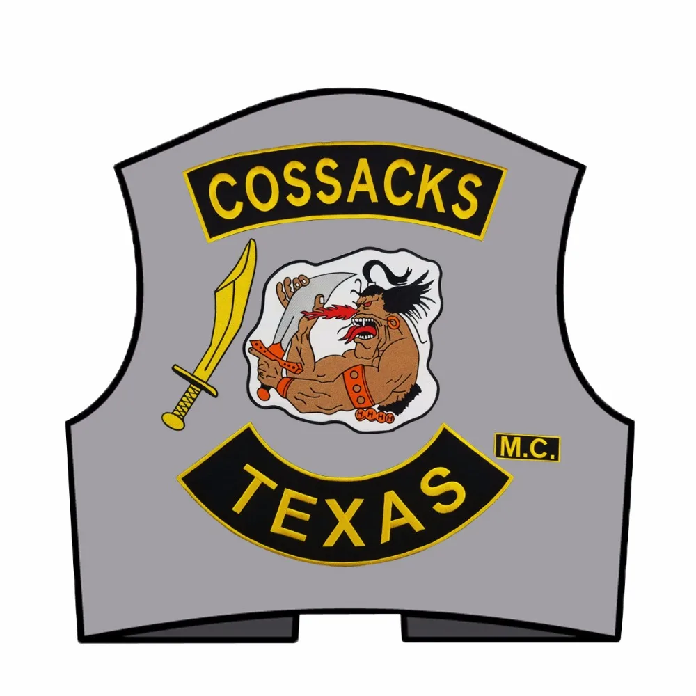 12pcs/ A SET COSSACKS TEXAS MC Embroidered Iron-On Sew On Biker Rider Patch Full Back Size Jacket Vest SGT. AT ARMS Rocker Patch