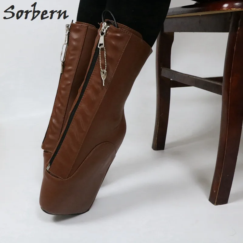 Sorbern Calf Ballet Wedge Boot Women Large Size 44 Zip Lockable Hoof Heelless Pinup Brown Matte Shoes Unisex Fetish Heels New