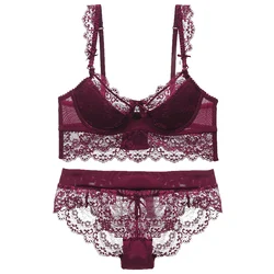 Plus Size Sexy Lace Bra and Panties Set For Women E Cup Underwired Plunge Light Padded Lace Trim Underwear Women Lingerie set