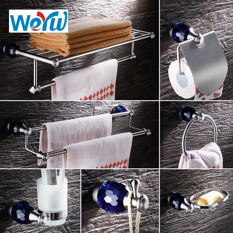 WEYUU Blue Crystal Bathroom Accessories Towel Bars ,Soap Basket,Robe Hooks,Towel Ring Stainless Steel Bathrooms Hardware Sets