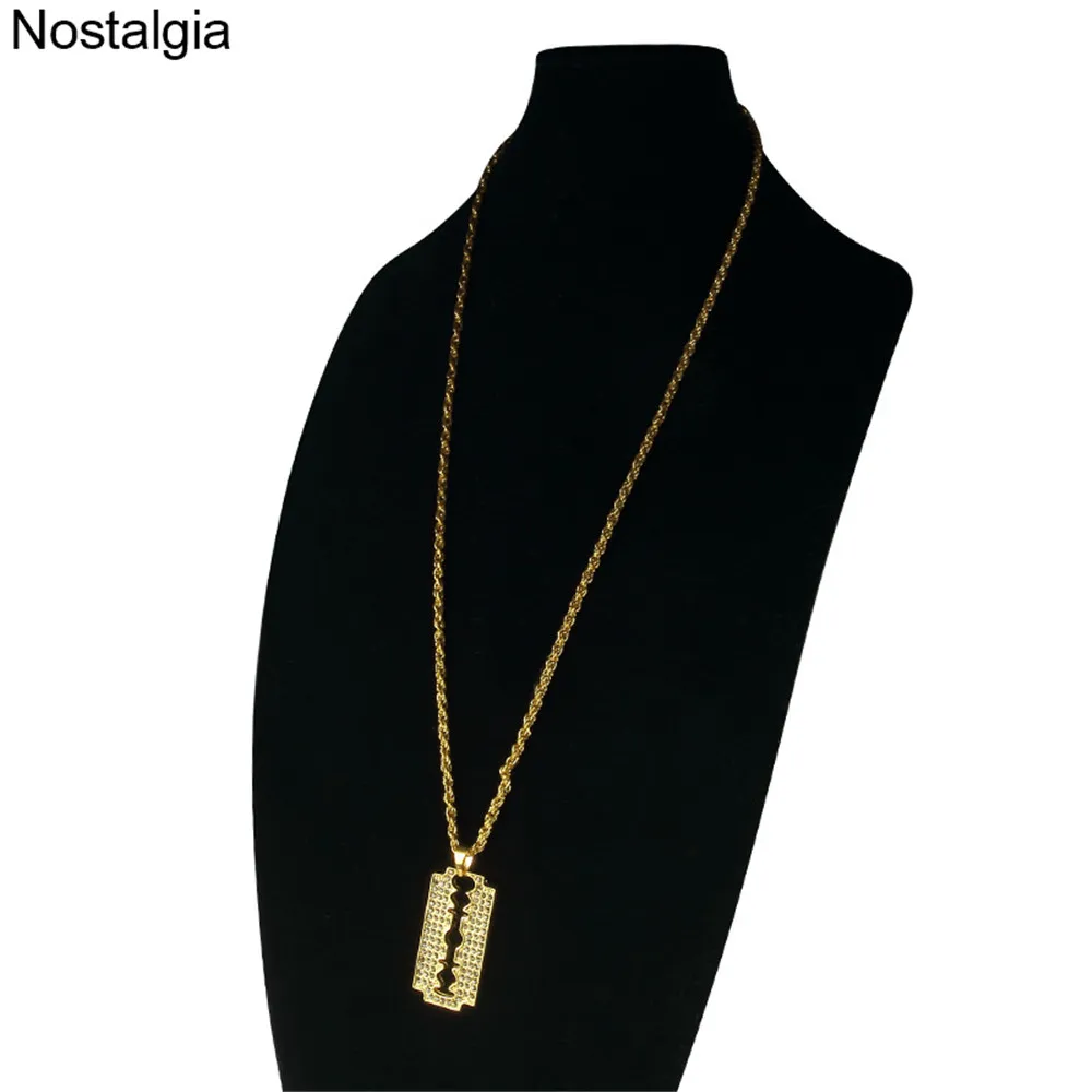 Nostalgia Crystal Charm Razor Blade Long Necklace With Big Pendant Barber Hiphop Mens Womens Jewelery