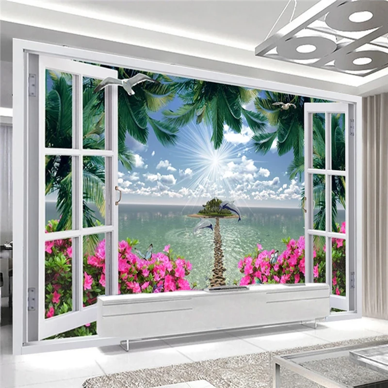 Custom Size Wallpaper 3D Window Coconut Tree Seascape Red Flower Stone Path Photo Wall Murals Living Room Dining Room Stickers