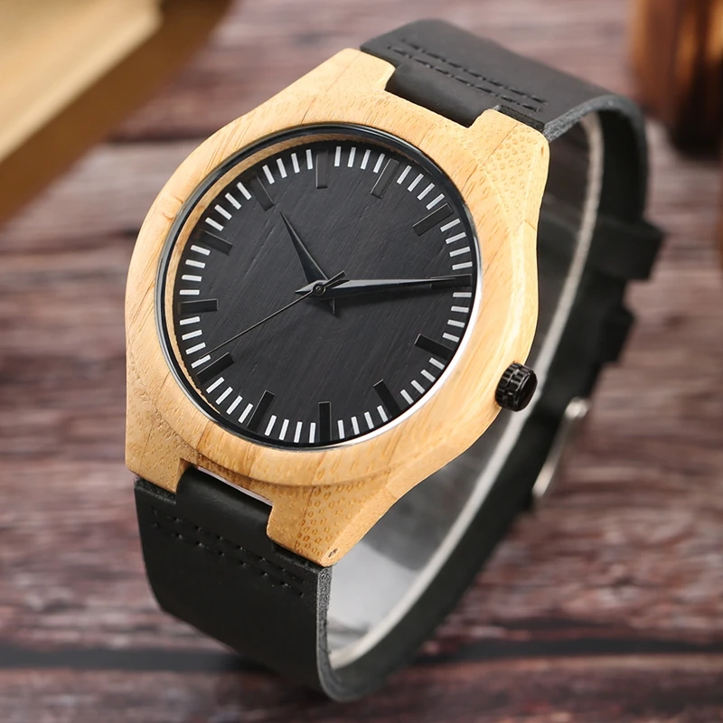 

Top Gifts Simple Bamboo Wood Watch Men Clock Man Quartz Movement Black Genuine Leather Analog Wooden Reloj Madera Hombre 2020