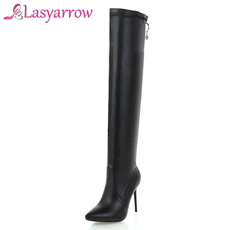 Lasyarrow Sexy Women's Autumn Winter Boots Black Over The Knee High Boots Thigh High Thin Stiletto Heel Boots Long Botas Mujer