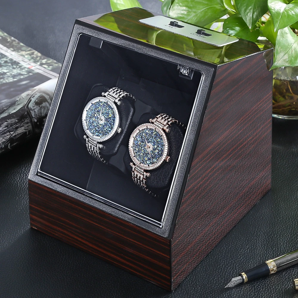 Wooden Auto Silent Watch Winder Irregular Shape Transparent Cover Wristwatch Box with EU Plug