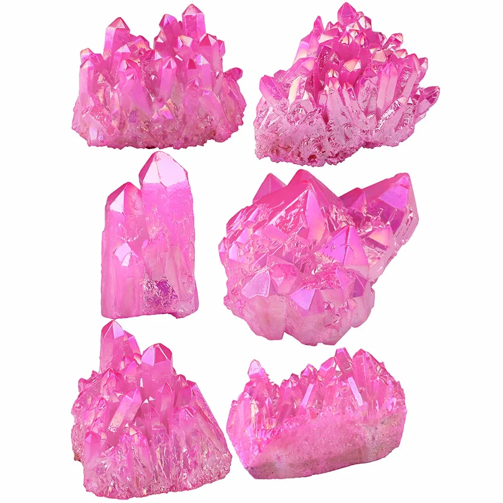 TUMBEELLUWA Hot Pink Angel Aura Titanium Coated Natural Crystal Cluster Stone Specimen Figurine