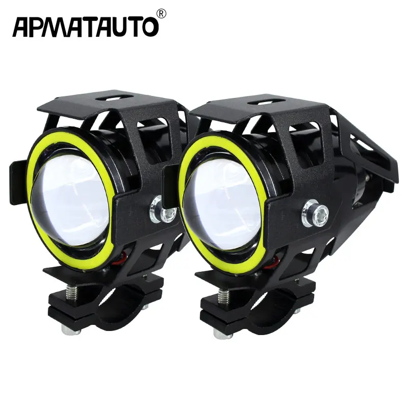 2PCS 125W Motorcycle Headlight w/ Angel Eye Devil Eye 3000LM moto spotlight U7 LED Driving Fog Spot Head Light Decorative Lamp