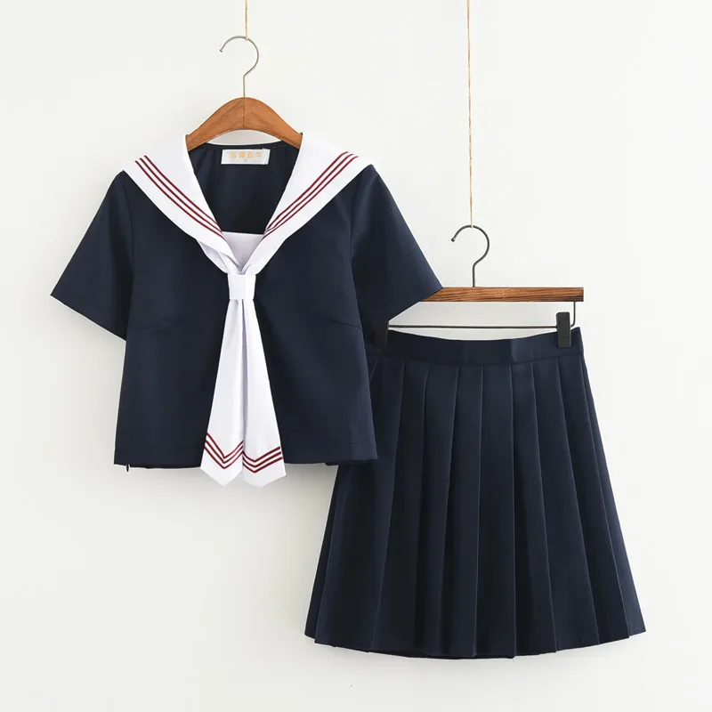 Japanese School Uniforms for Women Korean Navy Sailor Cotton School Uniforms For Girls Pleated Skirt+ Short Sleeve Blouse+Tie