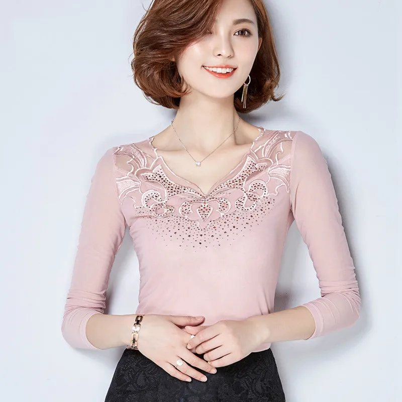 New Korean Women T-shirt Spring Autumn Thin Slim Long Sleeve V Collar Tops Female Lady Lace Elegant Casual Fashion Clothes H9018