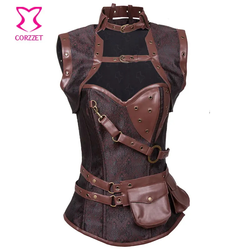 

Steampunk Corsets Gothic Clothing Vintage Brown Brocade & Leather Bustier Steel Boned Waist Trainer Corset Burlesque Costume