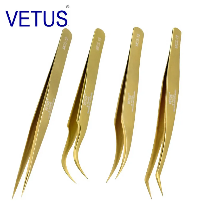 4PCS Vetus Original MCS Series Gold Premium Beauty Makeup Tweezers for Eyelashes Extension Ultra Fine Tip Clip