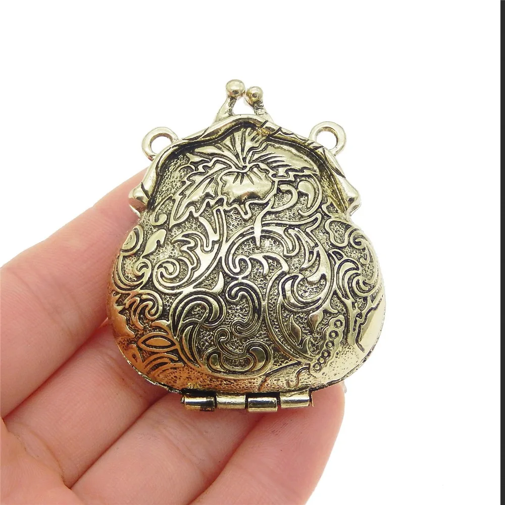 GraceAngie 2PCS Charms Antique Bronze Purse Shape Flower Pattern Locket Alloy Pendants Vintage Jewelry 54*45MM Open&Close Retro