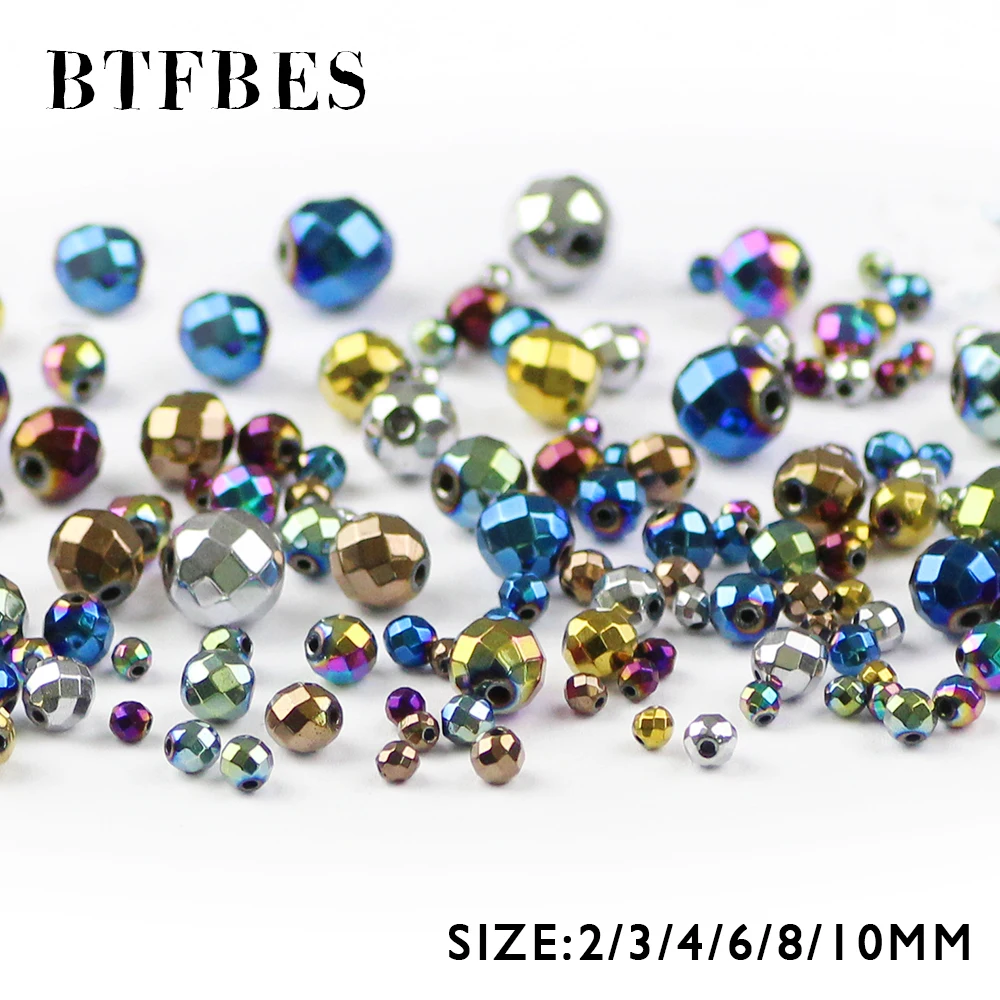 BTFBES Faceted Round Hematite Plating Color beads Natural Stone Ore Ball 2/3/4/6/8/10mm Loose Beads For Jewelry Bracelet Making