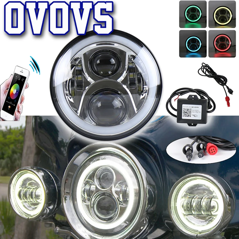 

7" Motocycle LED Headlight with RGB Halo DRL High Low Beam For Headlamp Replacement of -Harley