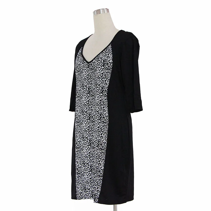 Fashion Woman Leopard Midi Short Sleeve Loose XXL Dresses Plus Size Knee Length V Neck Spandex Female Clothing Robe